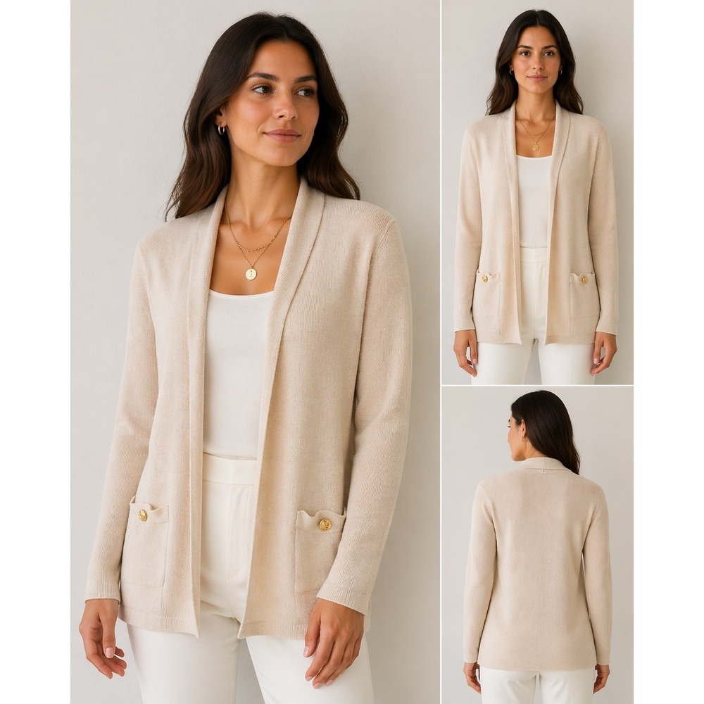St John Basics Cream Santana Knit Open Front Cardigan Gold Crest Buttons Large